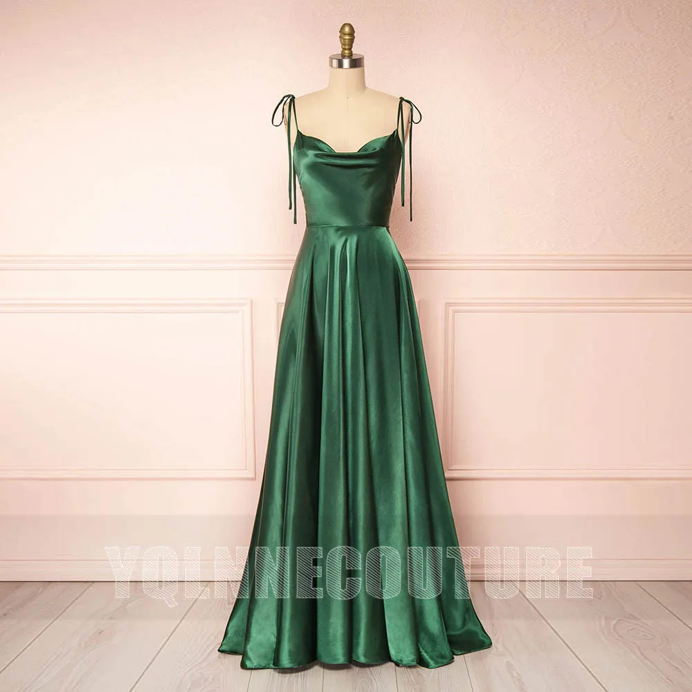 YQLNNE Sexy Emerald Green Long Prom Dresses Straps Silk Satin Backless Court Train Formal Party Dress For Women