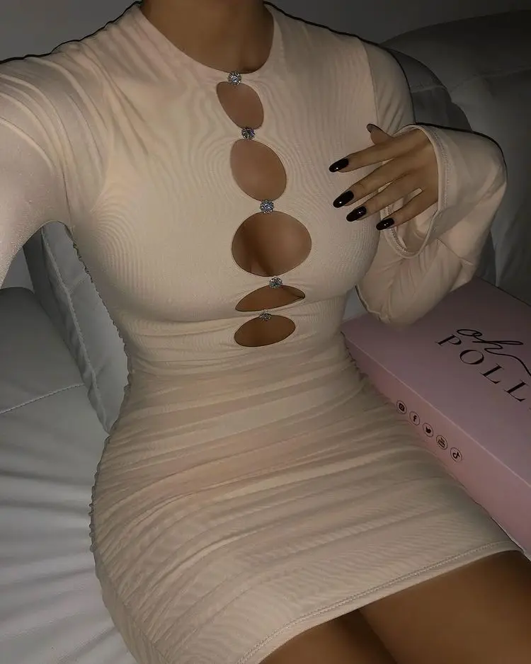 

XLLAIS Сетчатое сексуальное платье с круглым вырезом, женское элегантное облегающее платье с длинным рукавом и вырезом, модное однотонное Кор...