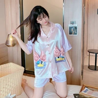cute cartoon sleepwear pyjamas womens ice silk short sleeve pajamas ladies pijama sets satin homewear lounge wear