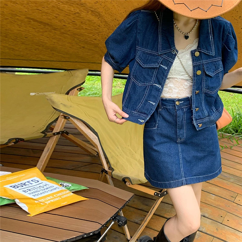

2021 New Short Sleeve Denim Jacket Coat + Mini Jean Skirt Outfits Fashion Women Suit Office Two Piece C256