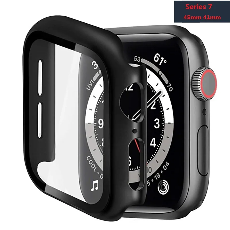 

Hard PC Case For Apple Watch Series 7 45mm 41mm Screen Protector with Tempered Glass For iWatch 7 Accessories Protective Cover