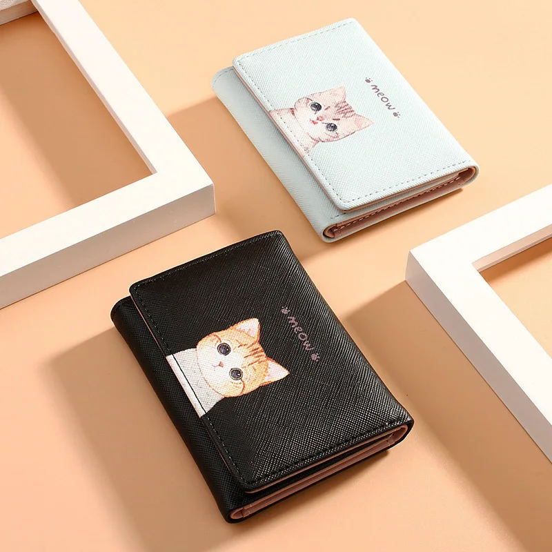 Дизайнерский женский кошелек с милым котом 2021 маленький из искусственной кожи