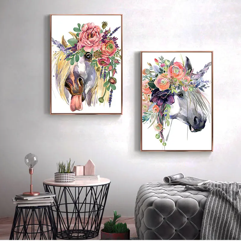 Винтажный стиль цветочный рисунок холст постер лошадь с цветком хижина