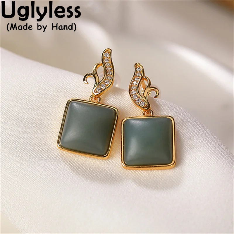 

Uglyless Senior Natural Morandi Color Blue Jade Earrings for Women Square Gemstones Studs Earrings 925 Sterling Silver Brincos