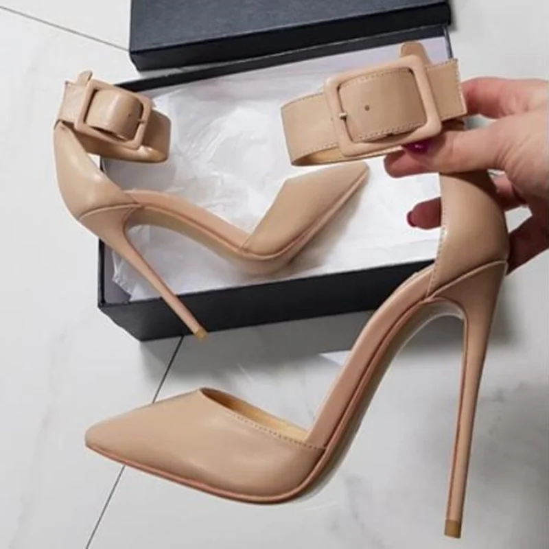 

Big Ankle Buckle Strap High Heel Pumps Pointed Toe Cut-out Stiletto Heels Shallow Dress Shoes Big Size 10 Drop Ship