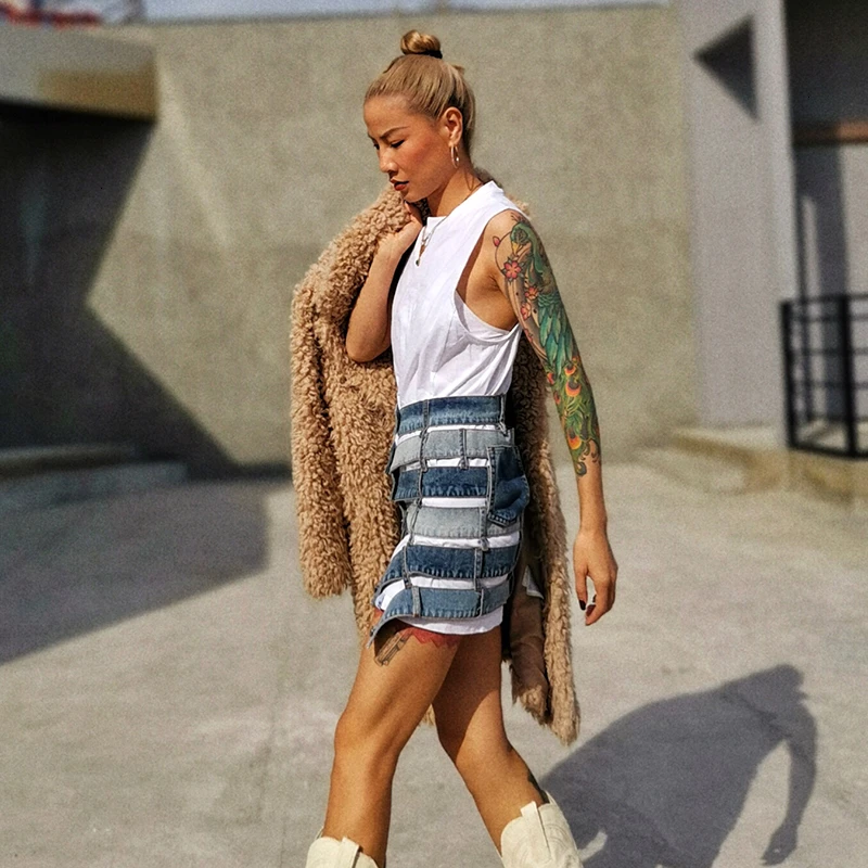 

Patchwork Hit Color Sexy High Street Punk Skirt Women Asymmetric Large Size Hollow Out Mini Skirts Female Clothes 2020 Fashion