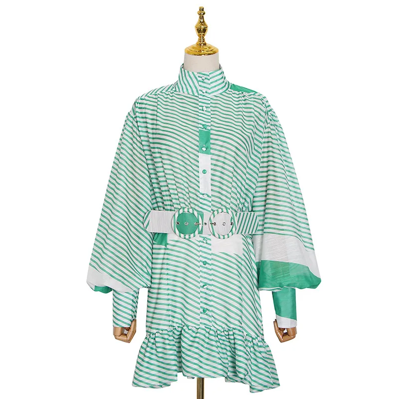 

Fashion lantern sleeve belt slim stitching striped hem flounce dress