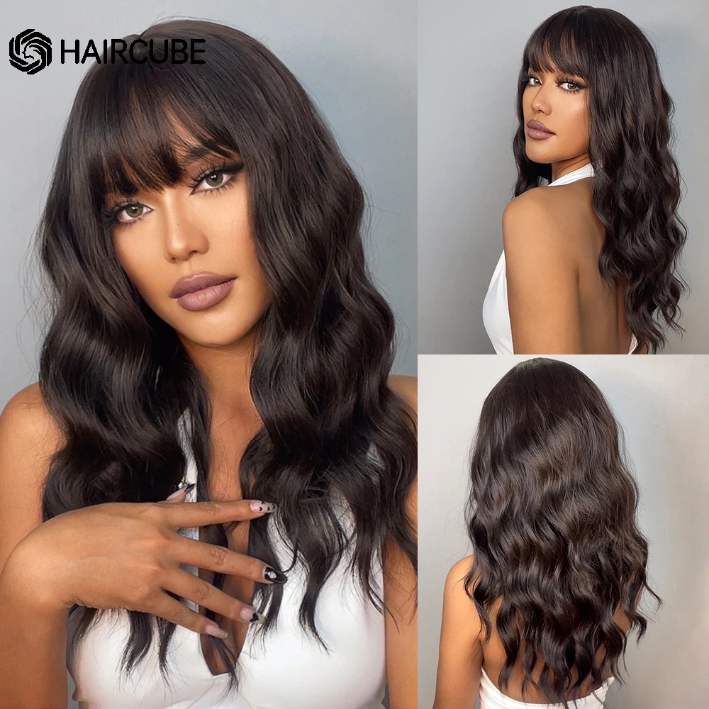

Medium Length Black Brown Synthetic Wigs with Bangs for Women Water Wave Cosplay/Daily Use Natural Hair Heat Resistant Wigs