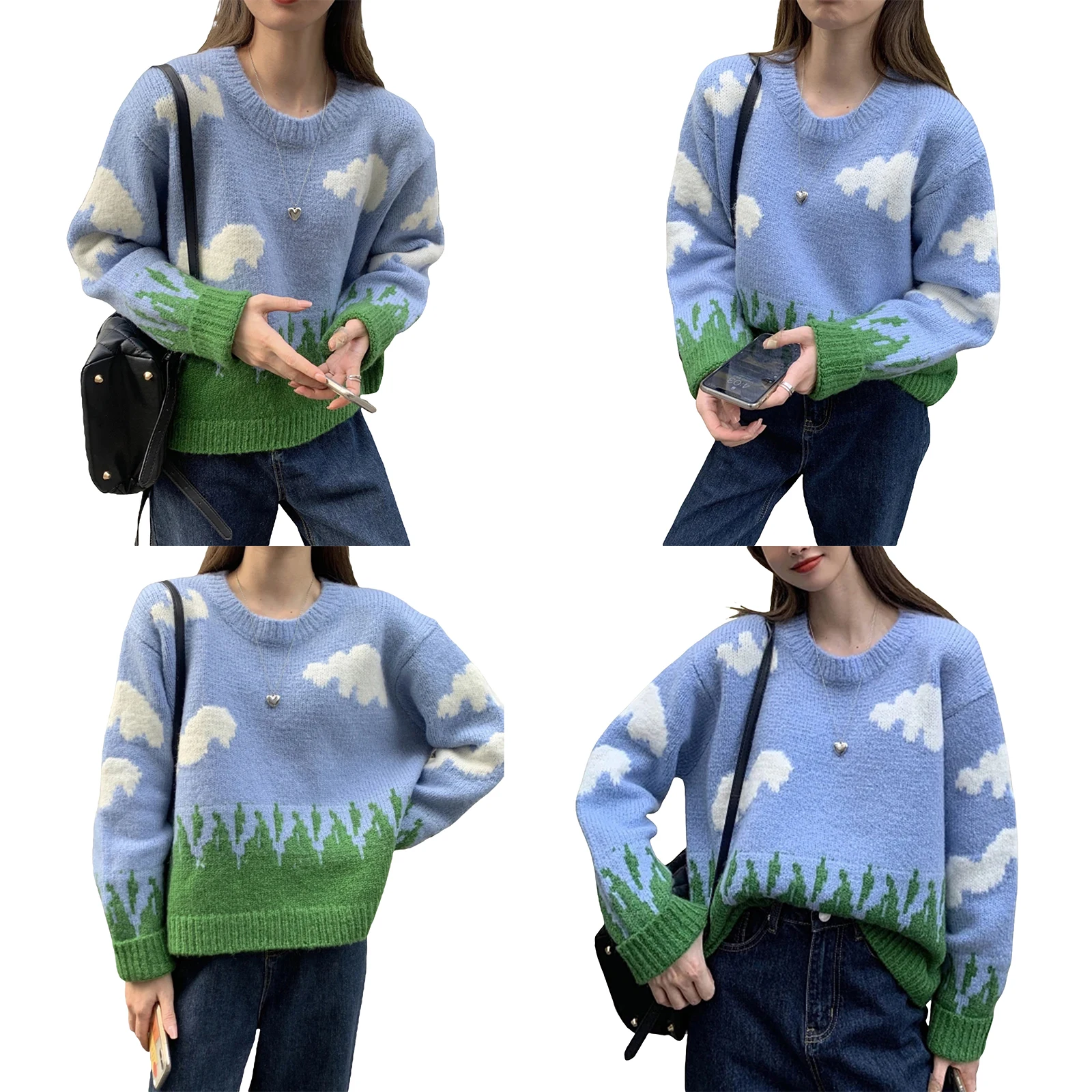 Женские свободные свитера с круглым вырезом Повседневные вязаные пуловеры