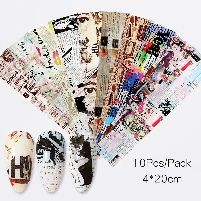 10pcs Nail Foil Sticker Vintage Newspaper Set Mixed Flower Marble Adhesive Transfer Decals Paper Wraps Slider | Красота и здоровье