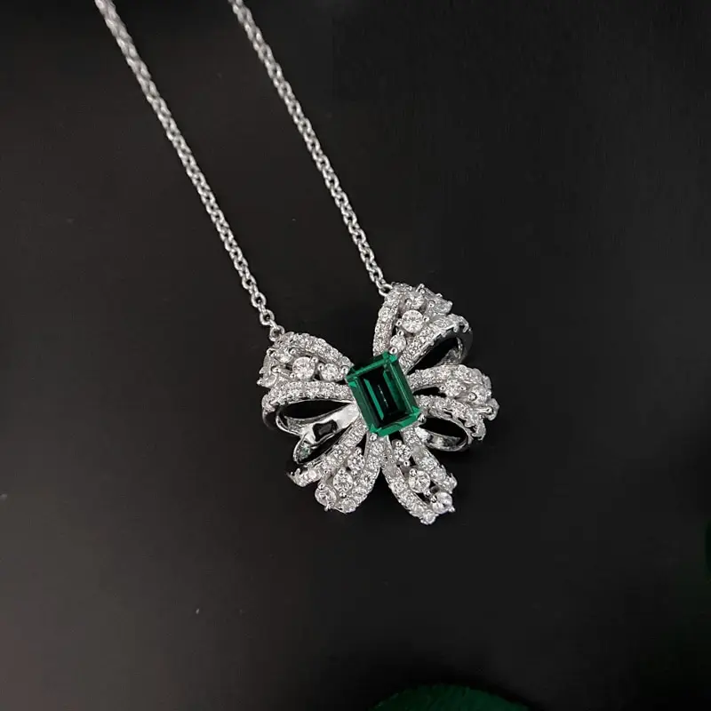 

Jazaz Fine 100% 925 Sterling Silver Moissanite Emerald Gemstone Wedding Bowknot Pendent Necklace Jewelry Lady Wholesale B0927
