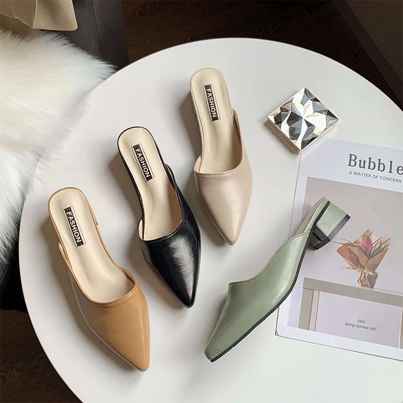 

Women Mules Leather Slides 2021 Spring Summer Elegant Mid Heel Casual Shoes Women Fashion Sexy Pointed Toe Slippers Ladies