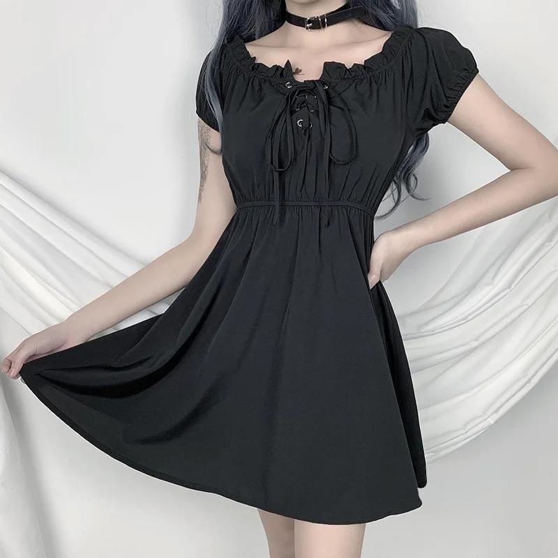 

Goth Sexy Off Shoulder Black Dresses Gothic Harajuku High Waist Dress Summer Punk Mini A-line Solid Black Casual Dresses