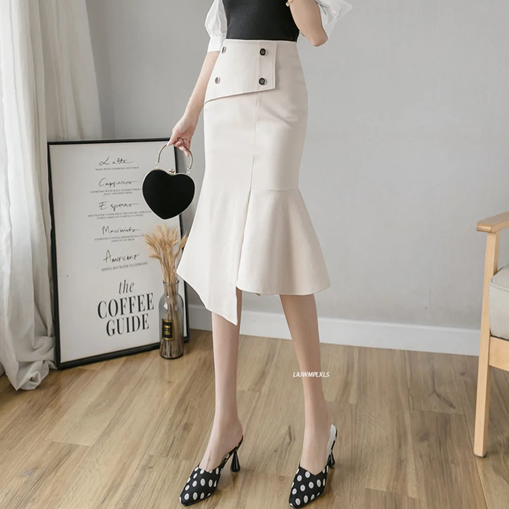 

5xl Formal High Waist Women Skirt Office Lady Mid-Calf Length Irregular Skirt Button Elegant Skirt Elegant Burgundy Fall Skirts