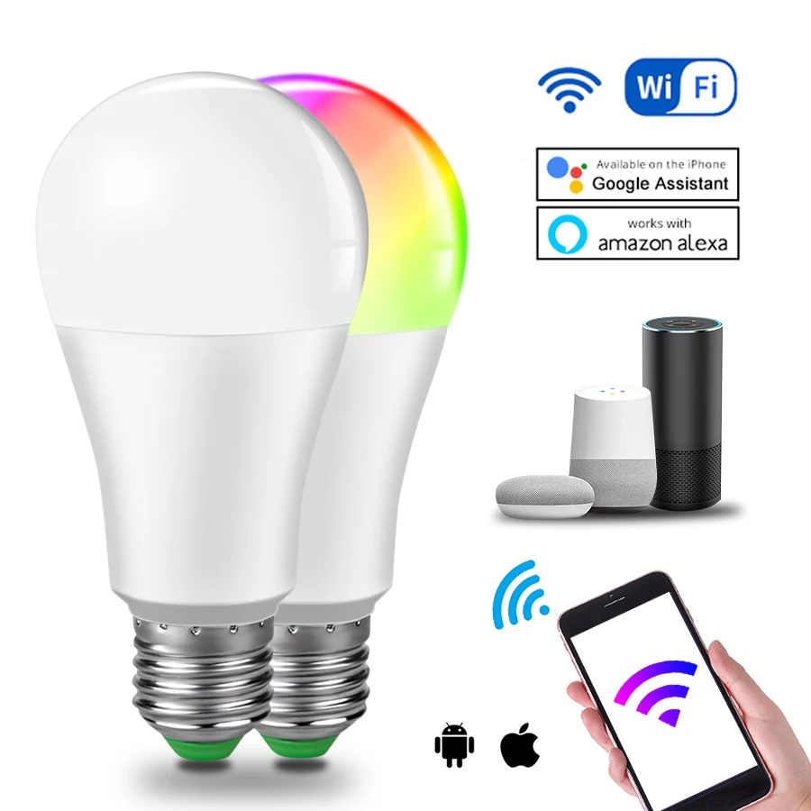 Умный светильник E27 смарт лампочка WiFi RGB + WW CW Fit Alexa Google Assistant 15 Вт 85 265 в E14 B22 с