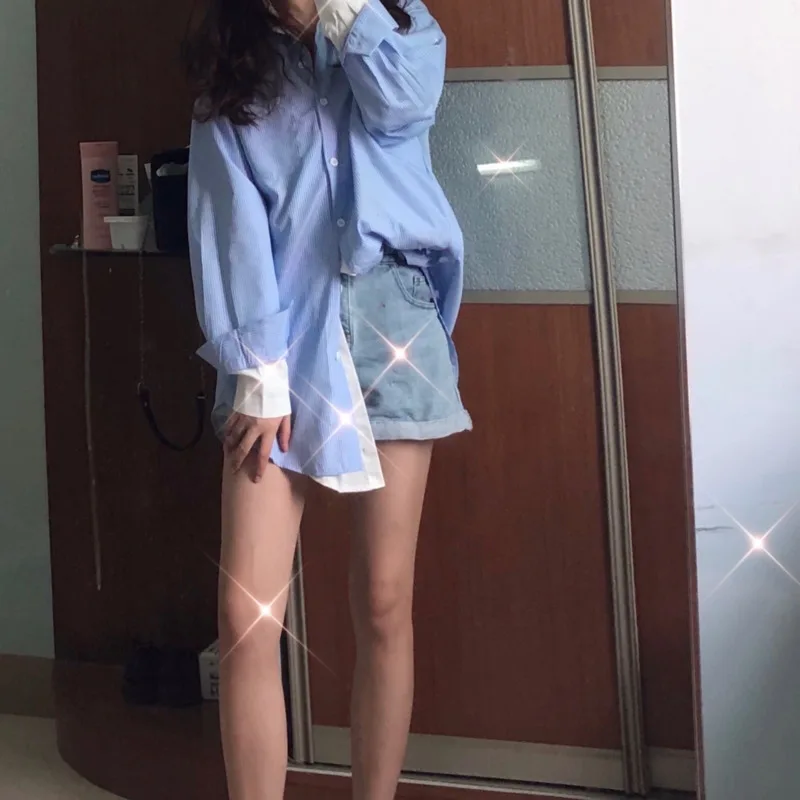 Лоскутные рубашки синяя полосатая рубашка с длинным рукавом Женская Корейская