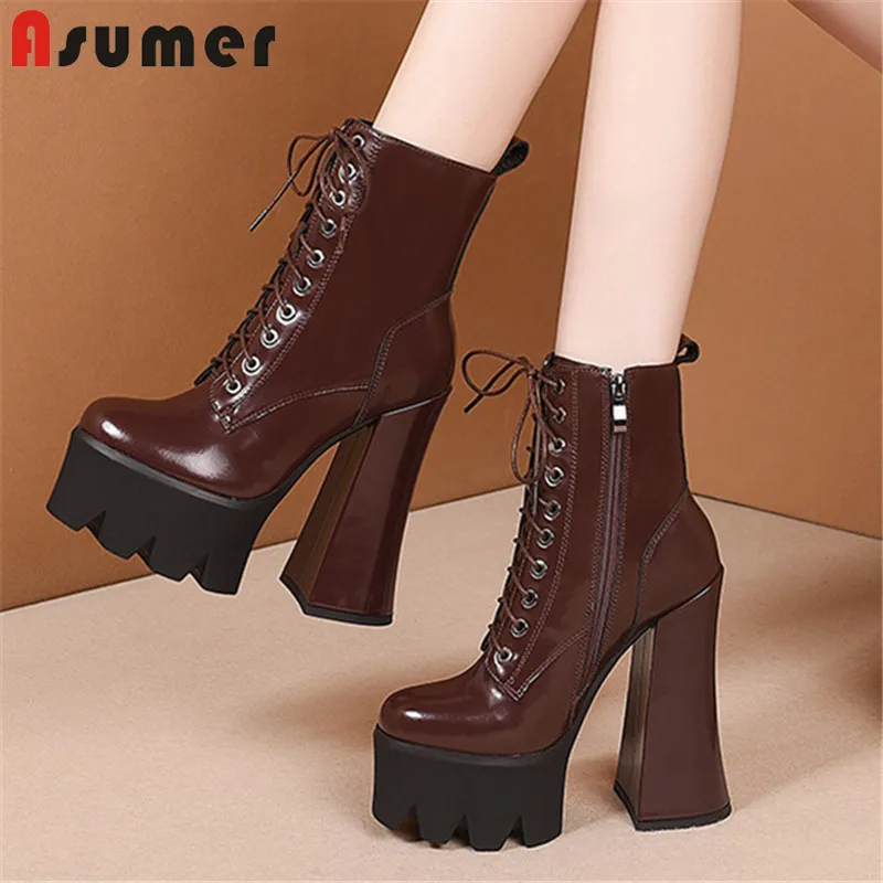 

ASUMER 2021 Top Quality Genuine Leather Ankle Boots Women Sexy Party Wedding High Heel Platform Shoes Women Boots