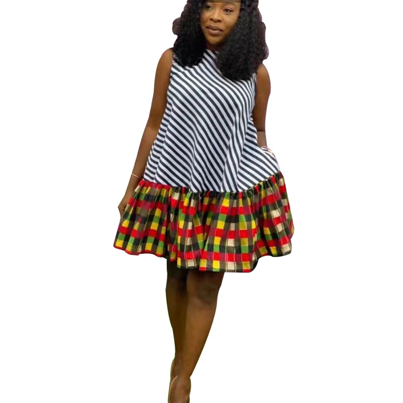 

African Dresses For Women 2021 New Africa Clothes Dashiki Grid Print Ankara Dress Bazin Traditional Robe Africa Sleeveless Dress