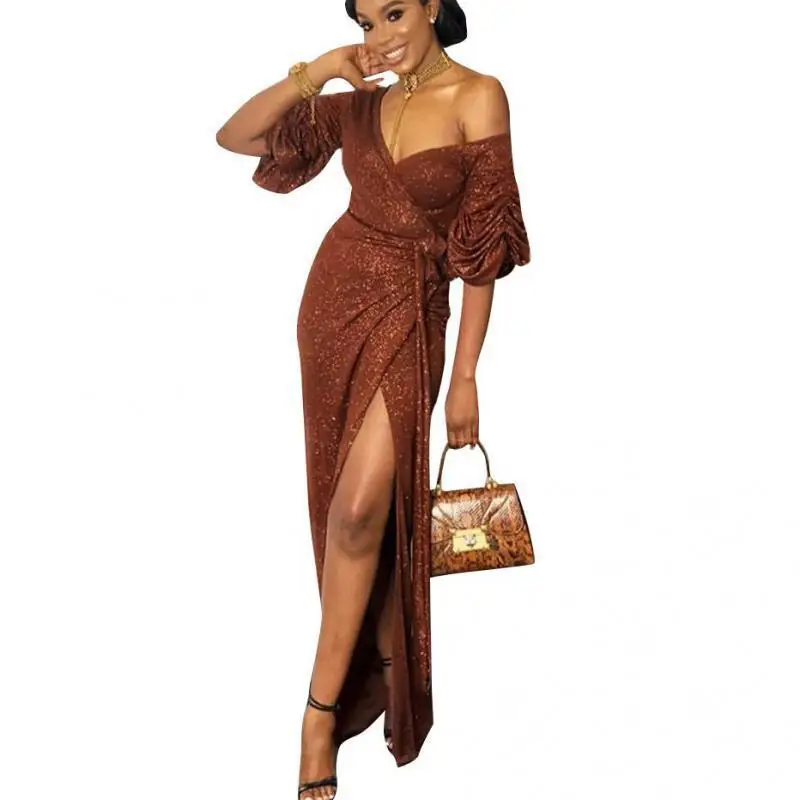 

Women Dress Slash Neck Puff Sleeve Split Vintage Dresses Plus Size Bandage Sexy Long Dresses Women 2021 New Fashion