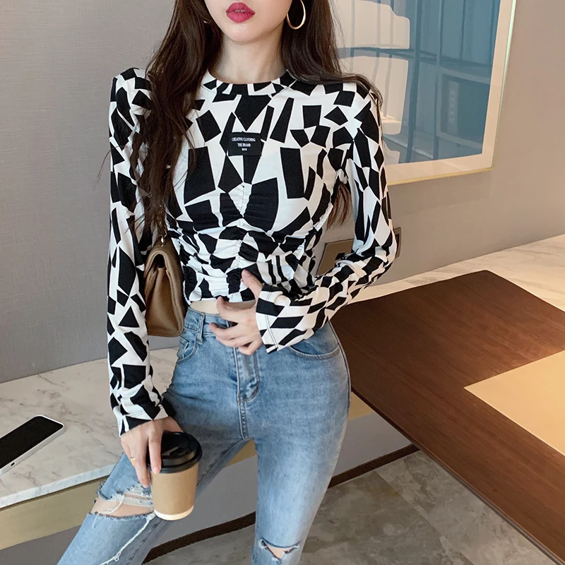 Autumn Women Vintage Long Sleeve Printing T-Shirt Female Slim Bodycon Short Top Casual Streetwear | Женская одежда