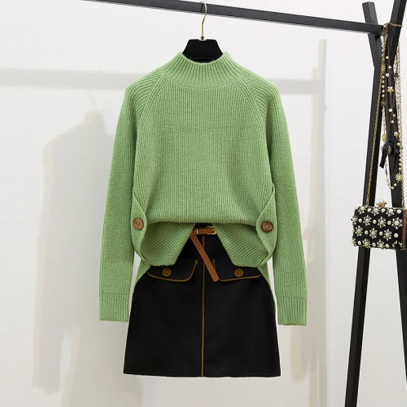 Женский вязаный комплект из 2 предметов пуловер с высоким воротником и шерстяная