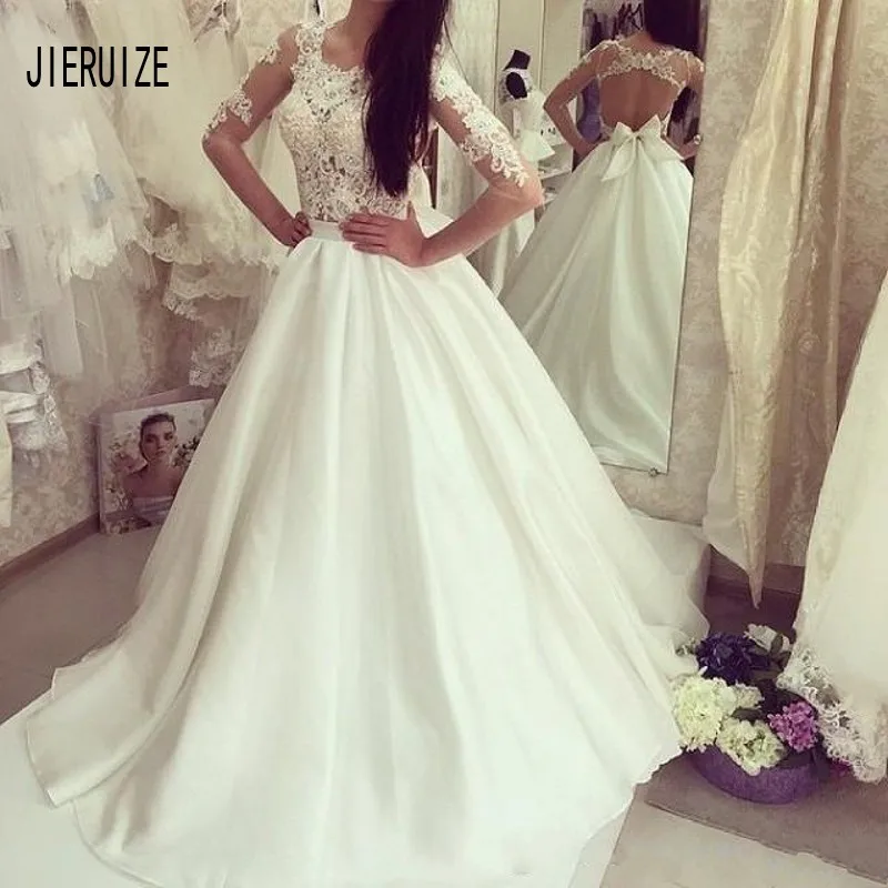 Сексуальные свадебные платья JIERUIZE с иллюзионным лифом глубоким круглым вырезом