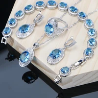 bridal jewelry sets for women sky blue cubic zirconia silver 925 costume jewelry earrings bracelet ring necklace set