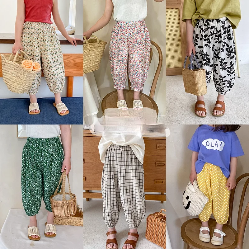 

Children's Floral Loose Lantern Air Conditioning Pants 2021 Summer Boys and Girls Korean Flower Mosquito Pants