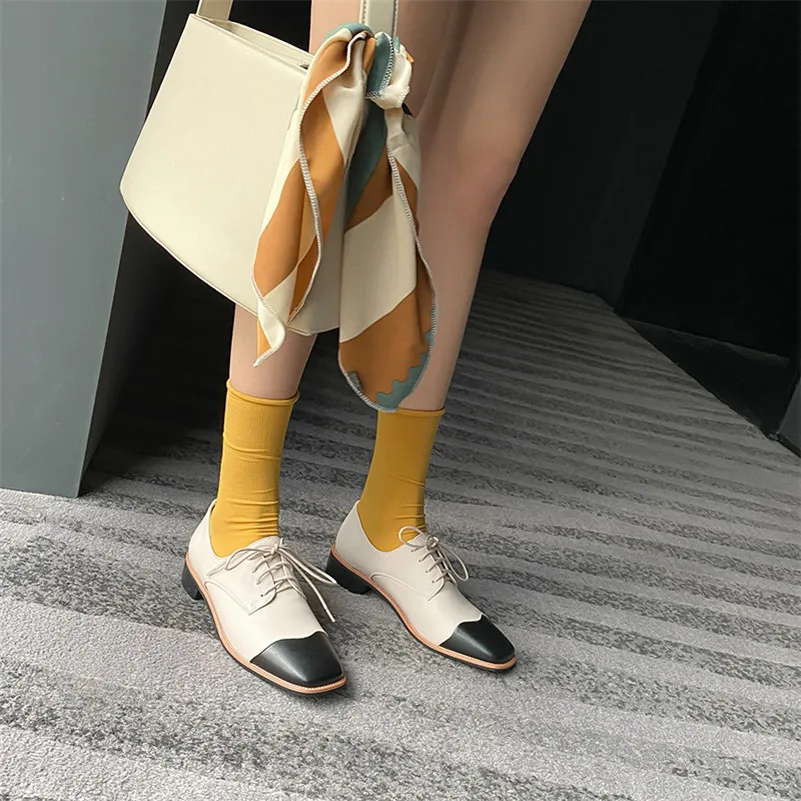 Meotina Spring Flats Women Shoes High Quality Lace Up Flat Derby Mixed Colors Square Toe Casual Lady Big Size 33-43 | Обувь