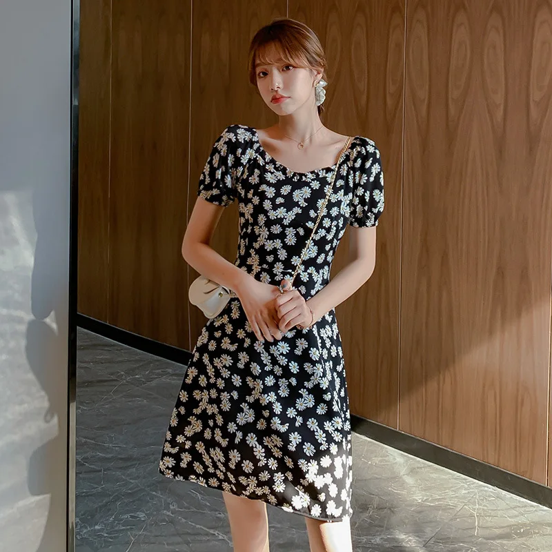 

2xl O-neck Daisy Chiffon Dress Women For Summer Slim Thin Floral Mini Dress Dress Lace Up Elegant Dress For Women