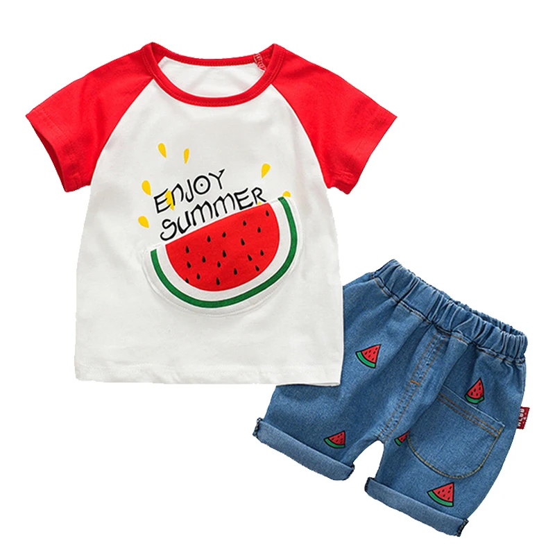 

Летняя одежда для мальчиков Enjoy, хлопковый топ с арбузом и джинсовые шорты, модный детский костюм вечерние подарок на день рождения, детская одежда
