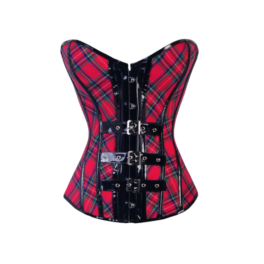 Для женщин Бюстье красный корсет в клетку с ПВХ пряжками на шнуровке топ