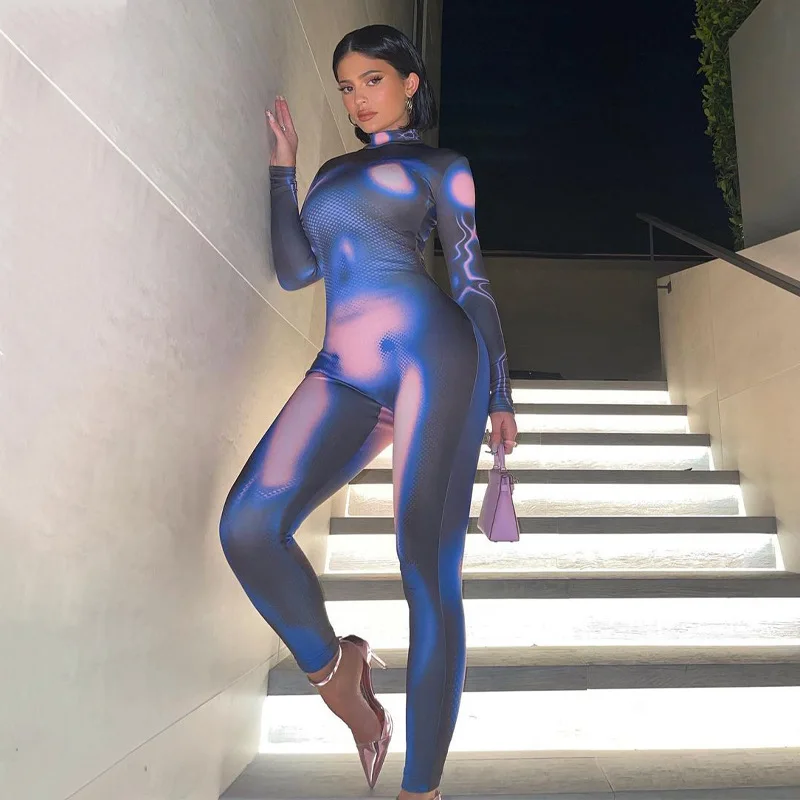 

Fashion Personalized Skinny Jumpsuit 2021 Women Autumn Long Sleeve Print Zipper Sports Yoga Slim One Piece Jumpsuit Streetwear