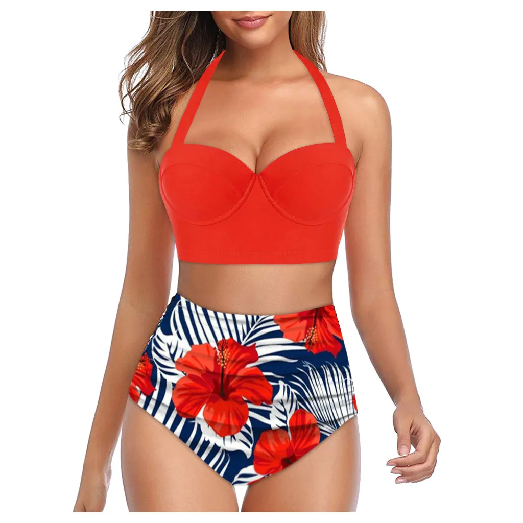 

Women Bikini Set Floral Print High Waist Swimsuit Crop Push Up Swimwear Plus Size Halter Tankini Bathing Suit Sexy Bikinis