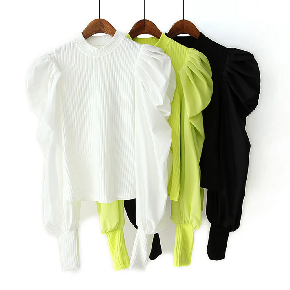 

Women Bubble Long Sleeve Pleats Blouse Turtleneck Fashion Pleated Ruffles Patchwork Knitted Casual Solid Color Blouse Tops