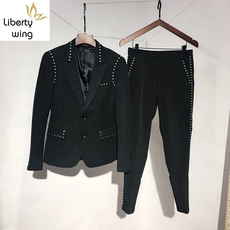 

Brand Suit Jacket Men England Style Black Single Breasted Slim Blazer & Pants Two Piece Set Fashion Night Club Rivets Coat