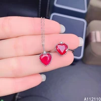 fine jewelry 925 pure silver inset with natural gem womens luxury fashion heart ruby pendant adjustable ring set support detect