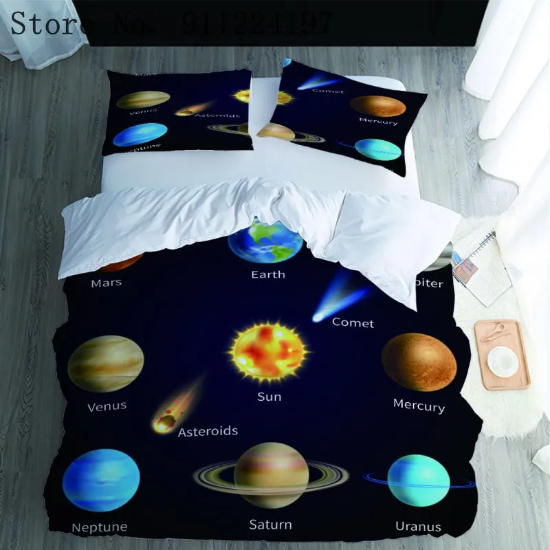 

Galaxy Outer Space Planet Printed Bedding Set Cartoon Duvet Cover 140*210 Kids Twin Full Size Space Shuttle Black Bedclothes