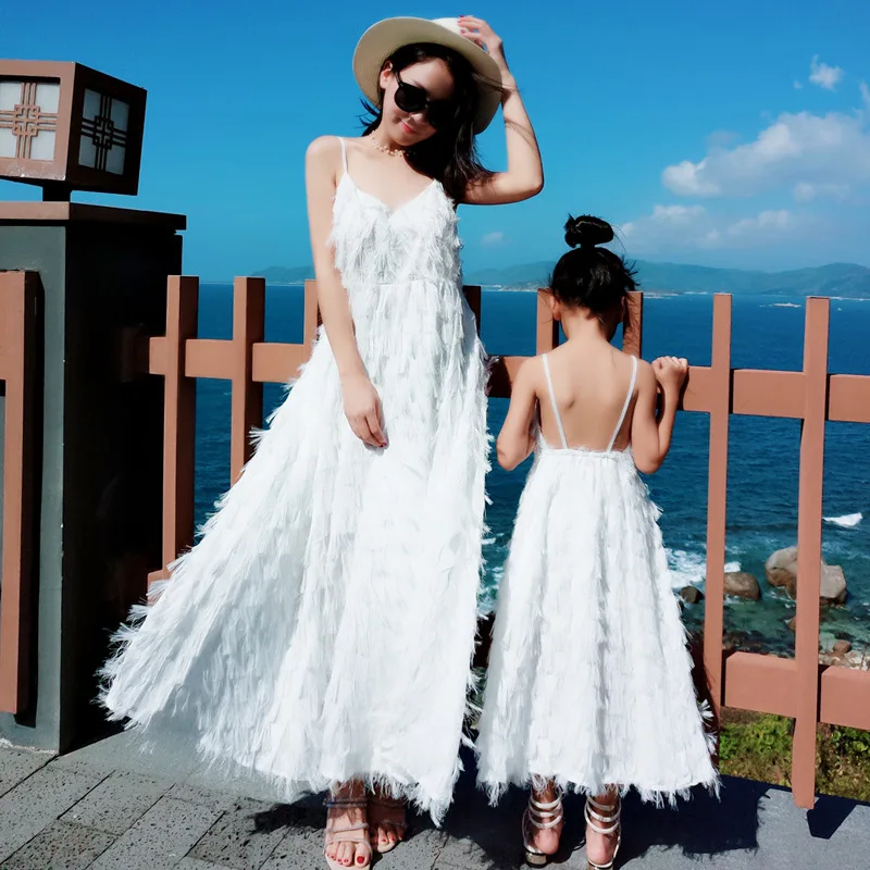 

Beach Fringe Lace Girl Dress Women Dress Wedding Party Mother Daughter Dresses Formal Family Matching Clothes Family Outfits