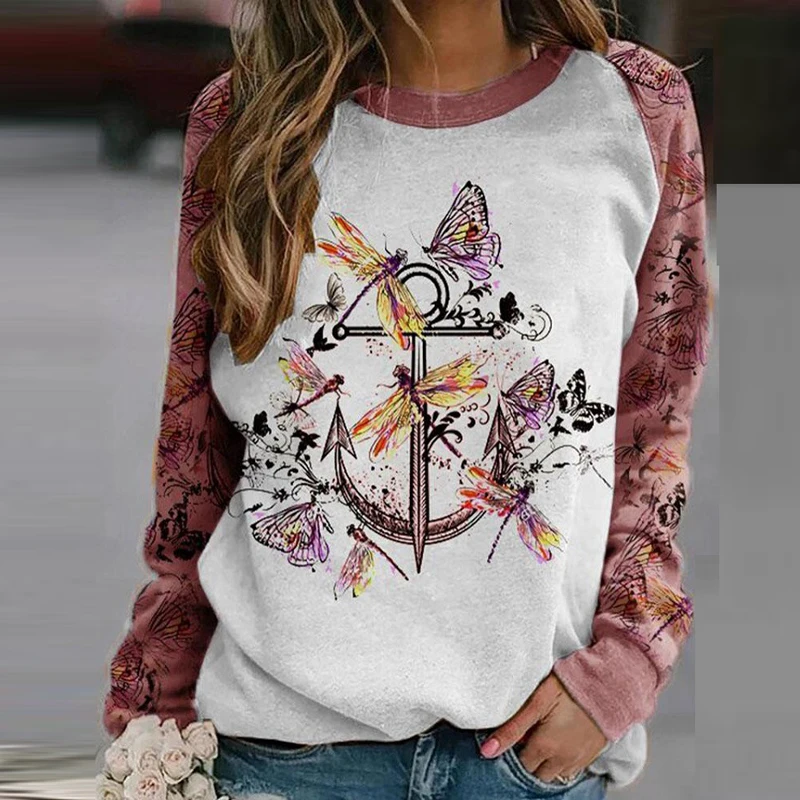

2021 Autumn Pattern Print Patchwork Hoodie Sweatshirt Harajuku Sexy O Neck Women Tops Pullover Winter Long Sleeve Female Hoodies