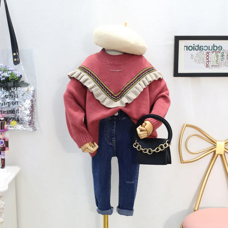 

2020 Autumn Spring 2 3-10 12 Years Children'S Clothing O-Neck Knitted Pullover Cotton Ruffles Patchwork Kids Baby Girls Sweater