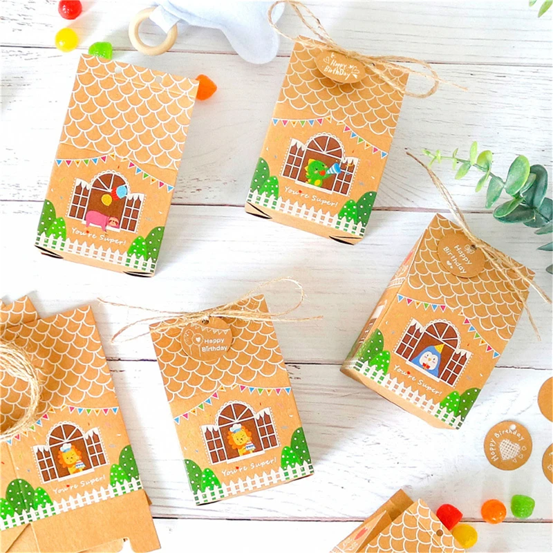 

12 PCS Christmas House Gift Box Kraft Paper Cookies Candy Bag Snowflake Tags 1-24 Advent Calendar Stickers Rope Party Supplies