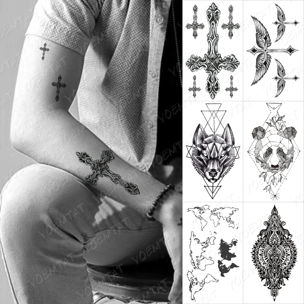 

Waterproof Temporary Tattoo Sticker Cross Prayer Dark Henna Geometric Linear Arm Tatoo Fake Tatto Man Woman Child Flash Tattoos