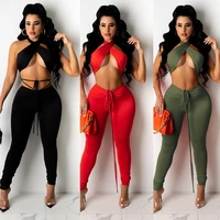 sujying new womens fashion sexy chest wrapped pants two piece set bind belt hanging neck smoke plait trouser suit