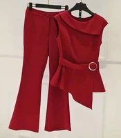 top quality womens set 2021 autumn pant sets ladies ring belt deco tops coatflare leg long pant suits wine red black xxl size