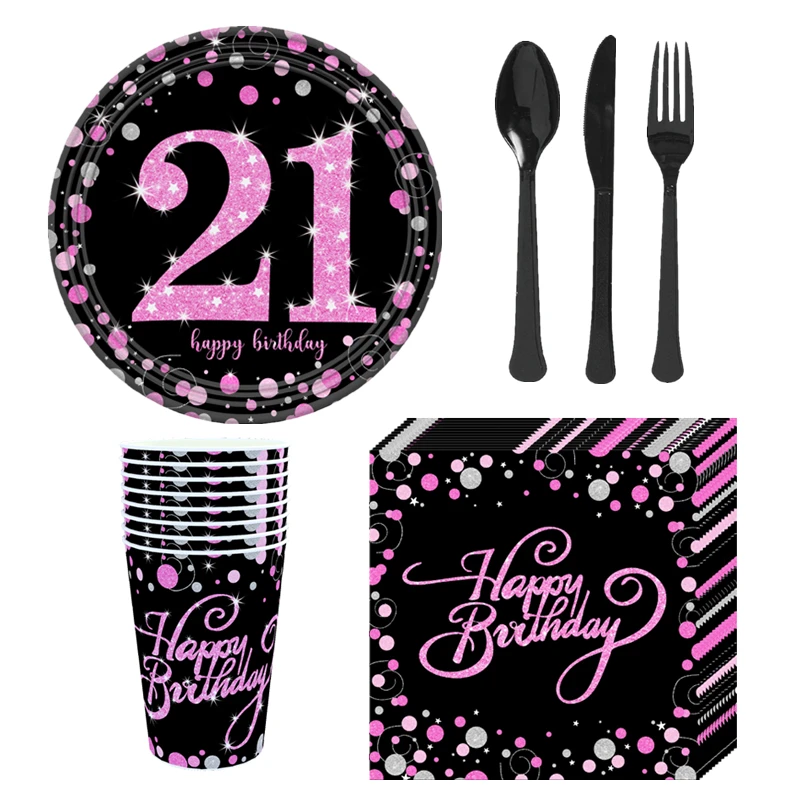 Happy Birthday party decoration plate happy birthday for 21 30 age supplies gold pink giltter cup tablecloth | Дом и сад