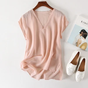 Летняя Повседневная блузка из 100% натурального шелка с V-образным вырезом, воротник кимоно, блузка из натурального шелка с короткими рукавами