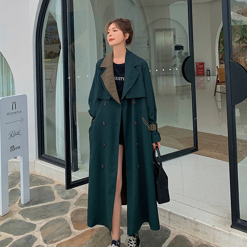 

Women's Windbreaker Long Dark Green Big Size Ladies Cloak Spring Autumn Popular Korean Loose Commuter Trench Coat Cotton Female