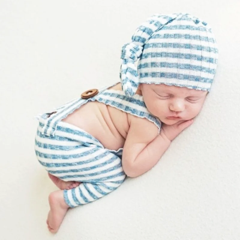 

2 Pcs/set Newborn Photography Clothing Striped Overalls Long Tail Knotted Hat Suit Newborn Photography Props