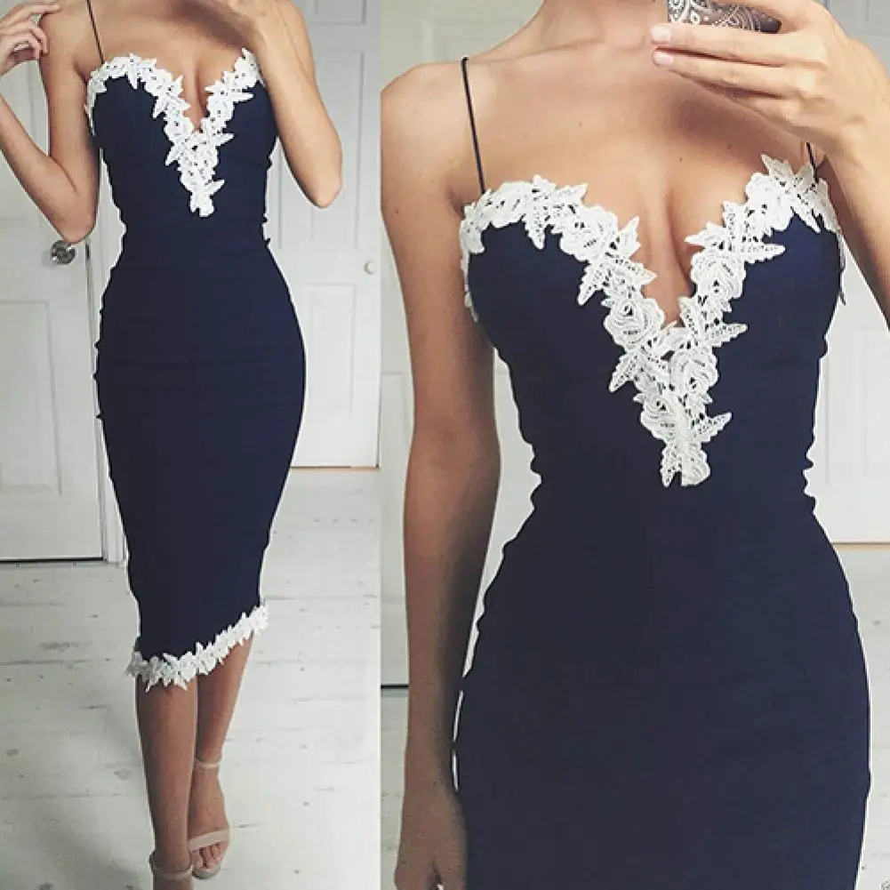 

Women Summer Sexy Bodycon Strappy V Neck Floral Lace Evening Party Short Dress